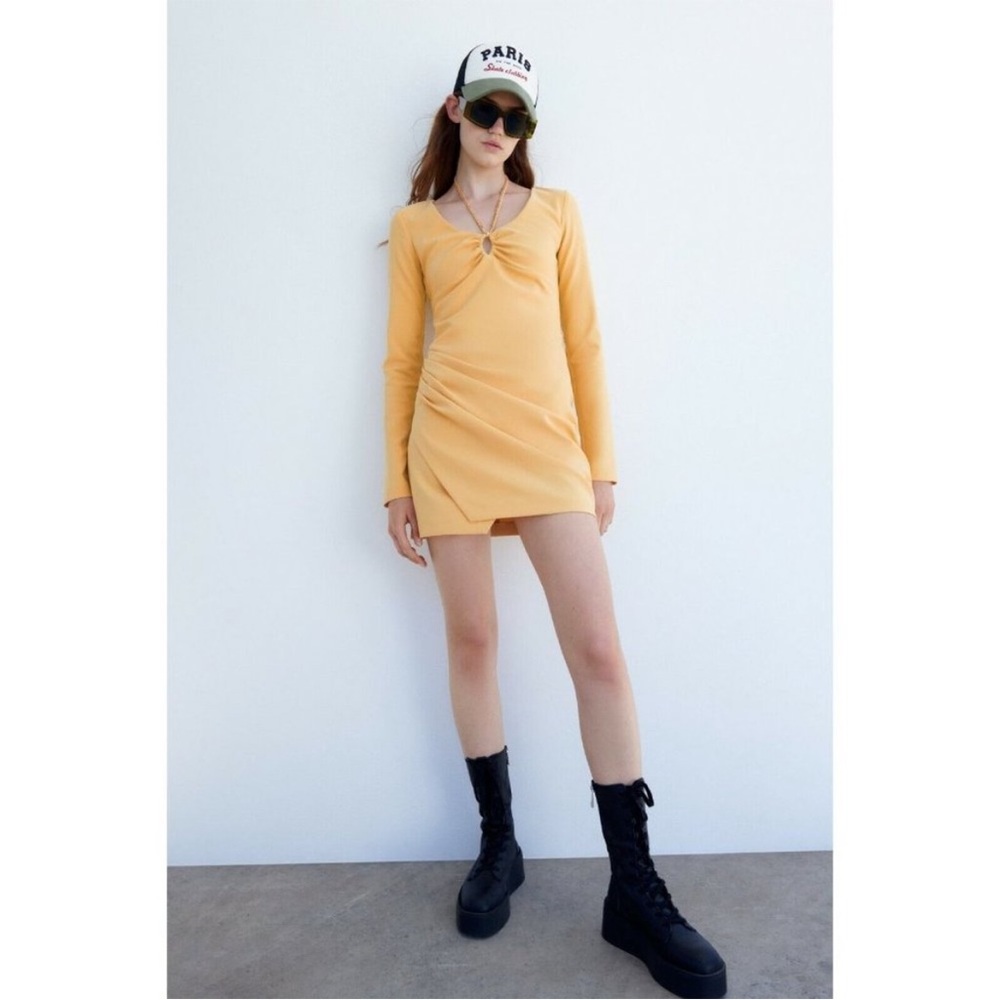 NWT Zara Light Yellow Long Sleeve Draped Dress with Jewel Halter S